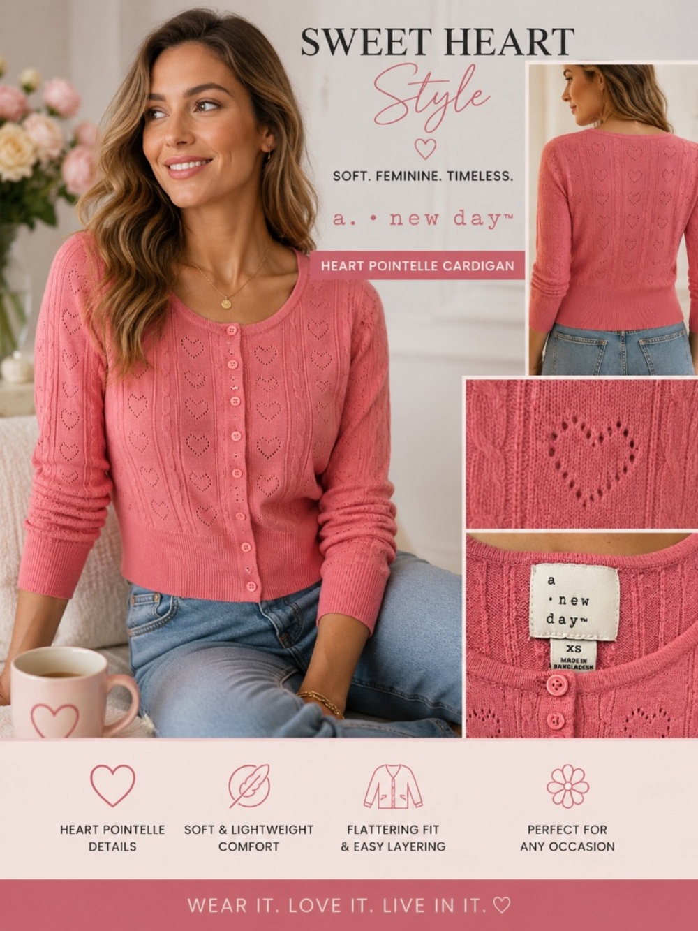 A New Day Pink Heart Pointelle Cardigan Sweater XS